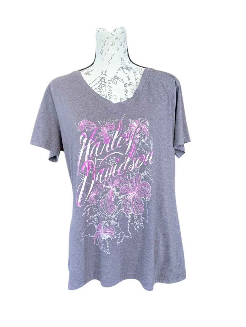 Maui Harley-Davidson Gray Pink Floral Short Sleeve T-shirt 2XL